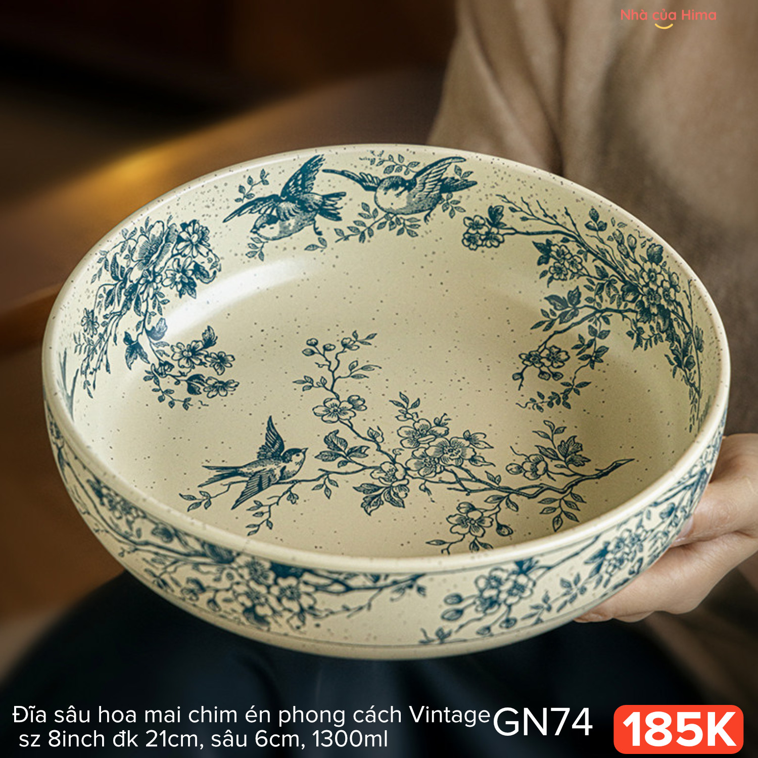 Đĩa sâu hoa mai chim én phong cách Vintage sz 8inch đk 21cm, sâu 6cm, 1300ml 30.W14