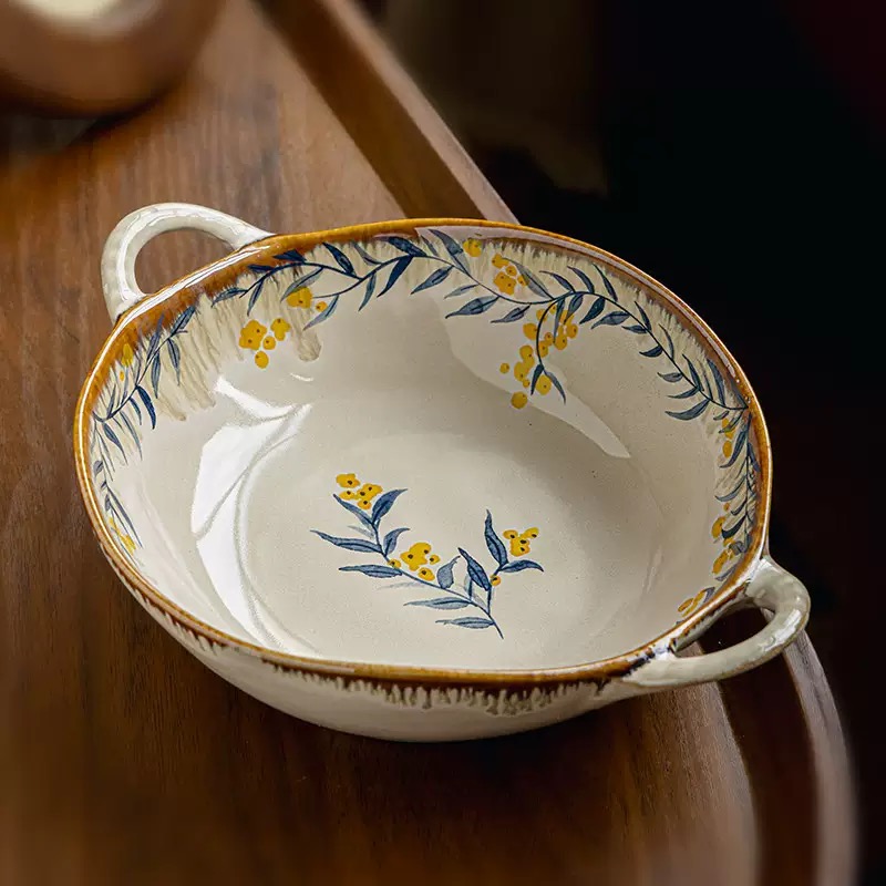 Đĩa sâu hoa mimosa nhỏ có tay cầm gốm Nhật đk 19,5cm, cao 6,1cm; 770ml 14.W47