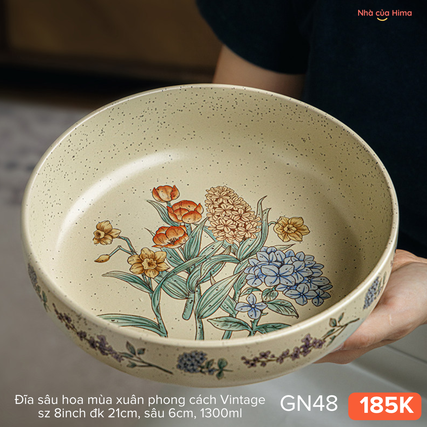 Đĩa sâu hoa mùa xuân phong cách Vintage sz 8inch đk 21cm, sâu 6cm, 1300ml 30.W02