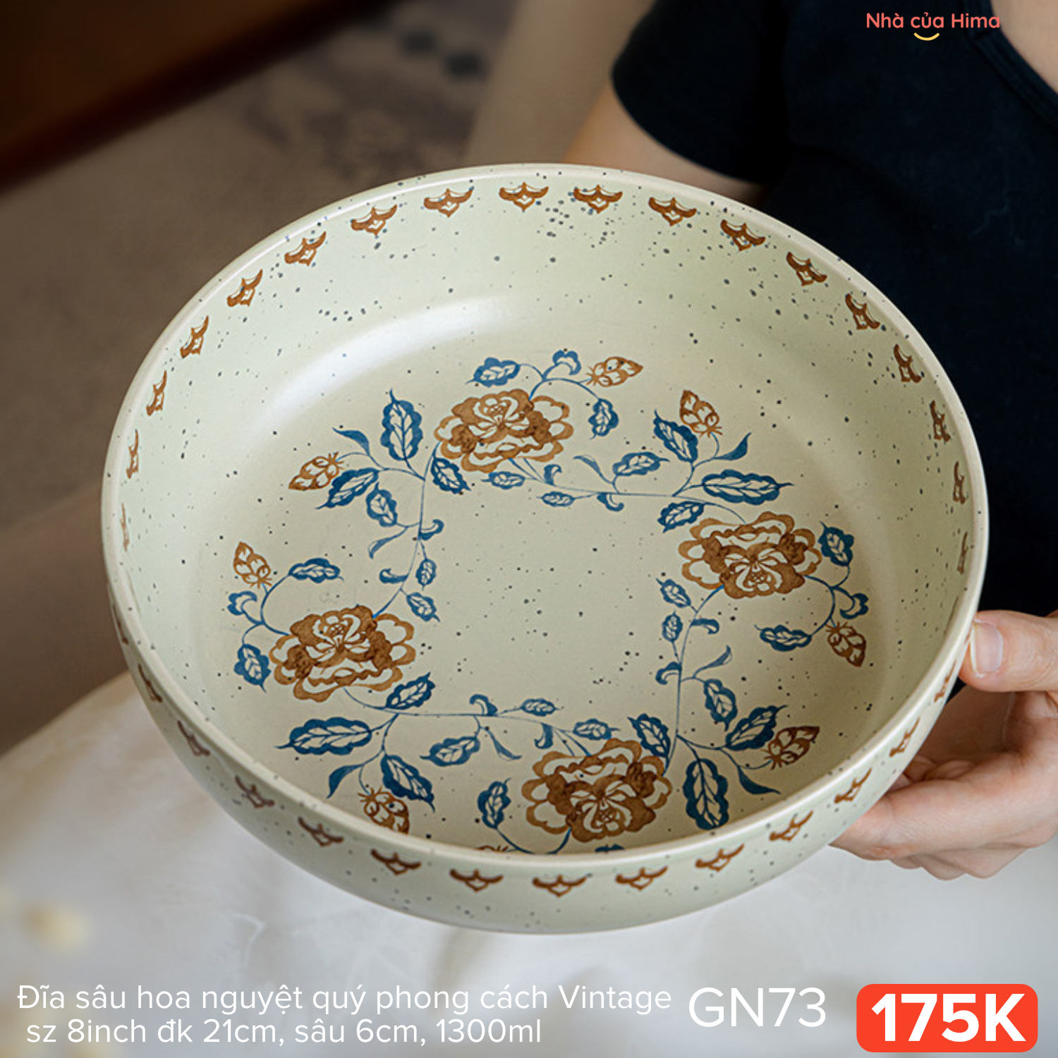 Đĩa sâu hoa nguyệt quý phong cách Vintage sz 8inch đk 21cm, sâu 6cm, 1300ml 25.W47