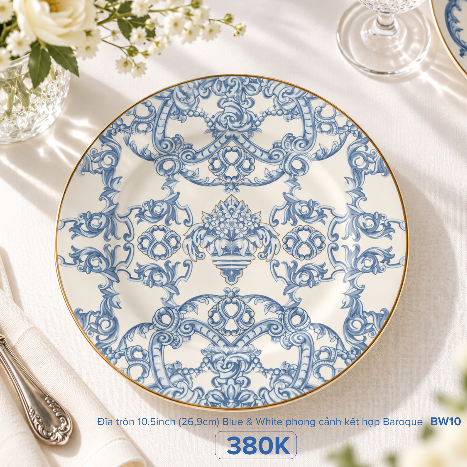 Đĩa tròn 10.5inch (26,9cm) Blue & White phong cảnh kết hợp Baroque