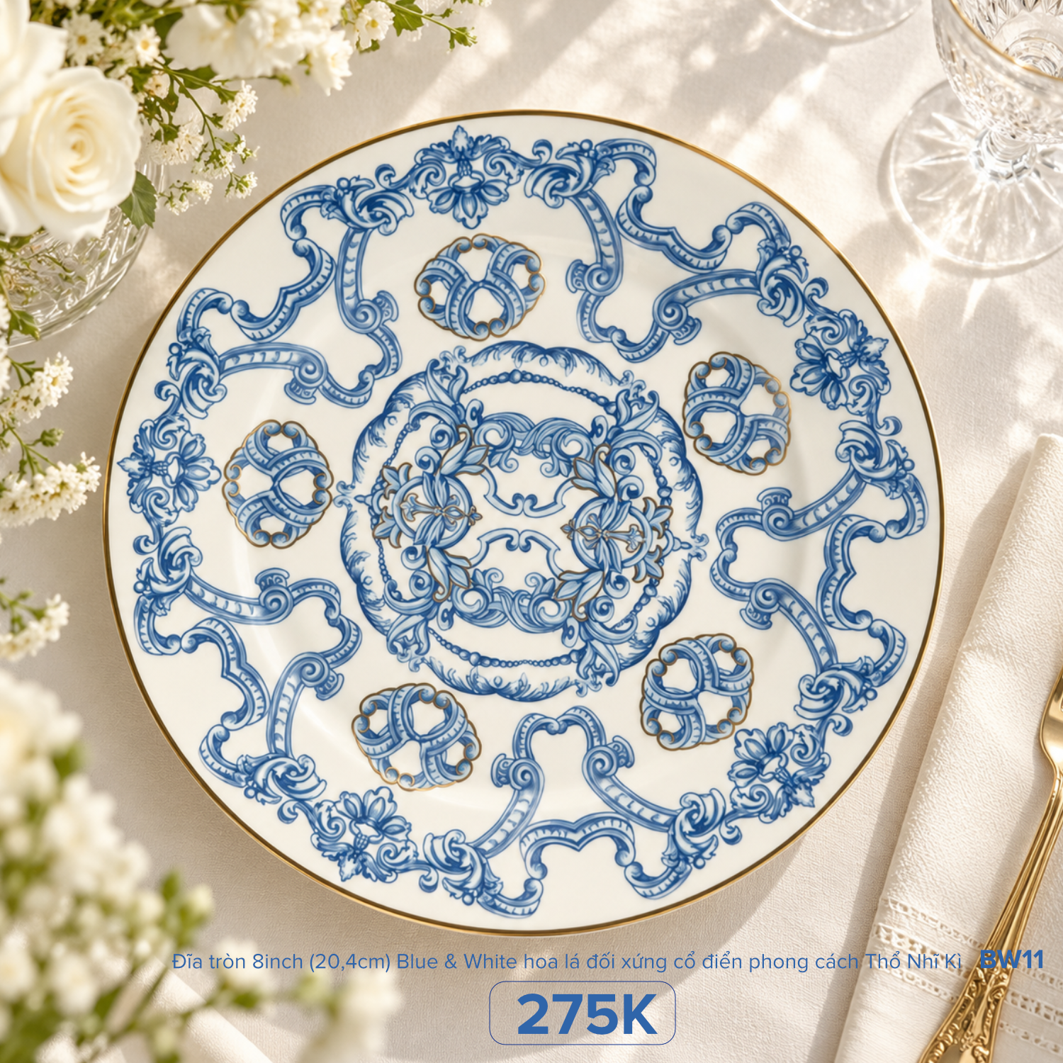 Đĩa tròn 8inch (20,4cm) Blue & White hoa lá đối xứng cổ điển phong cách Thổ Nhĩ Kì
