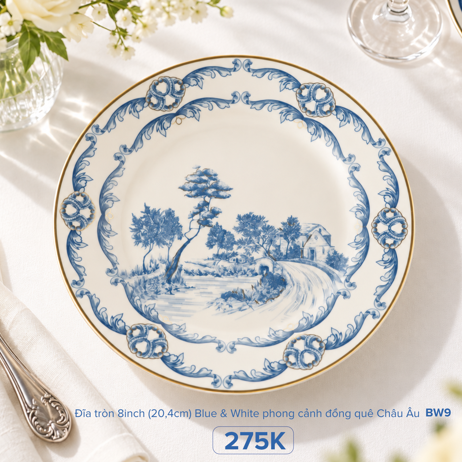 Đĩa tròn 8inch (20,4cm) Blue & White phong cảnh đồng quê Châu Âu