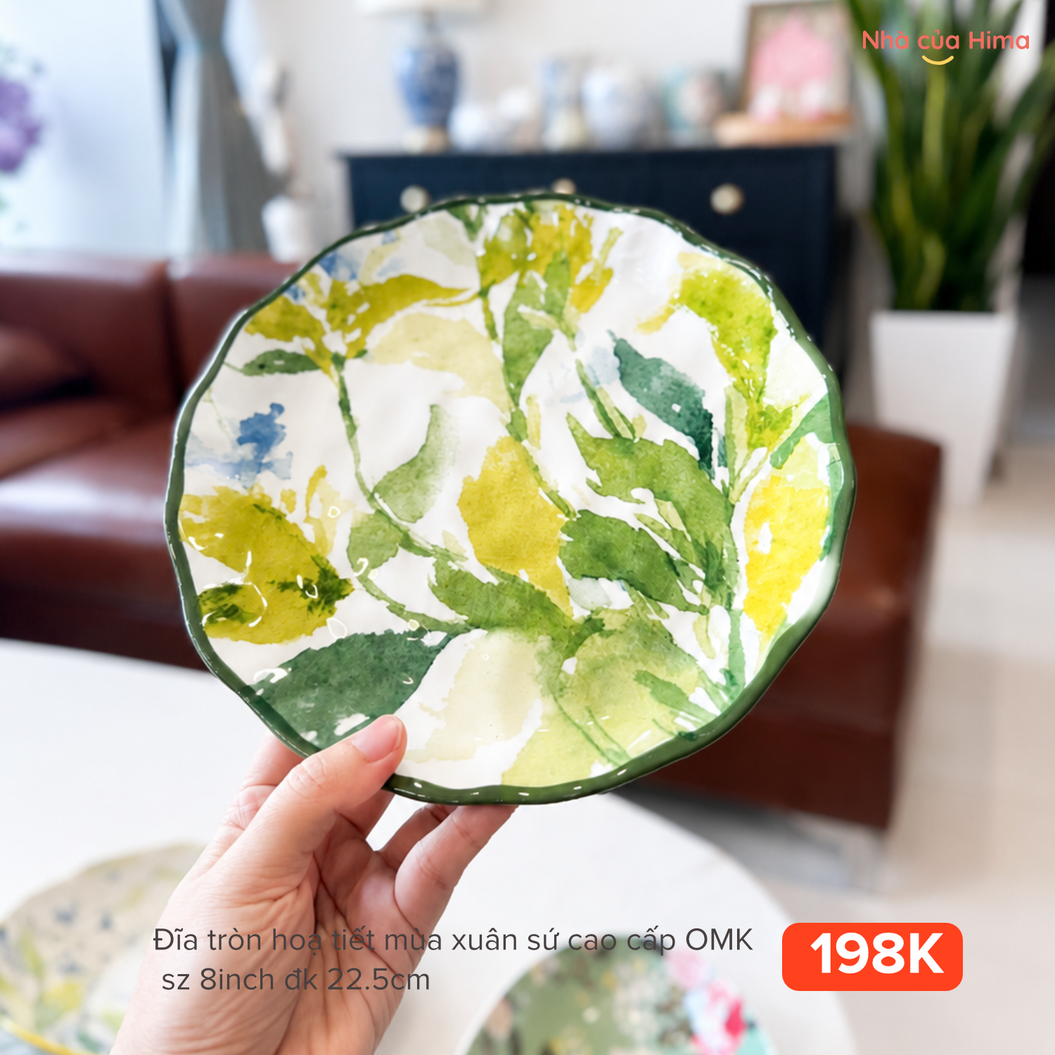 Đĩa tròn hoạ tiết mùa xuân sứ cao cấp OMK sz 8inch đk 22.5cm