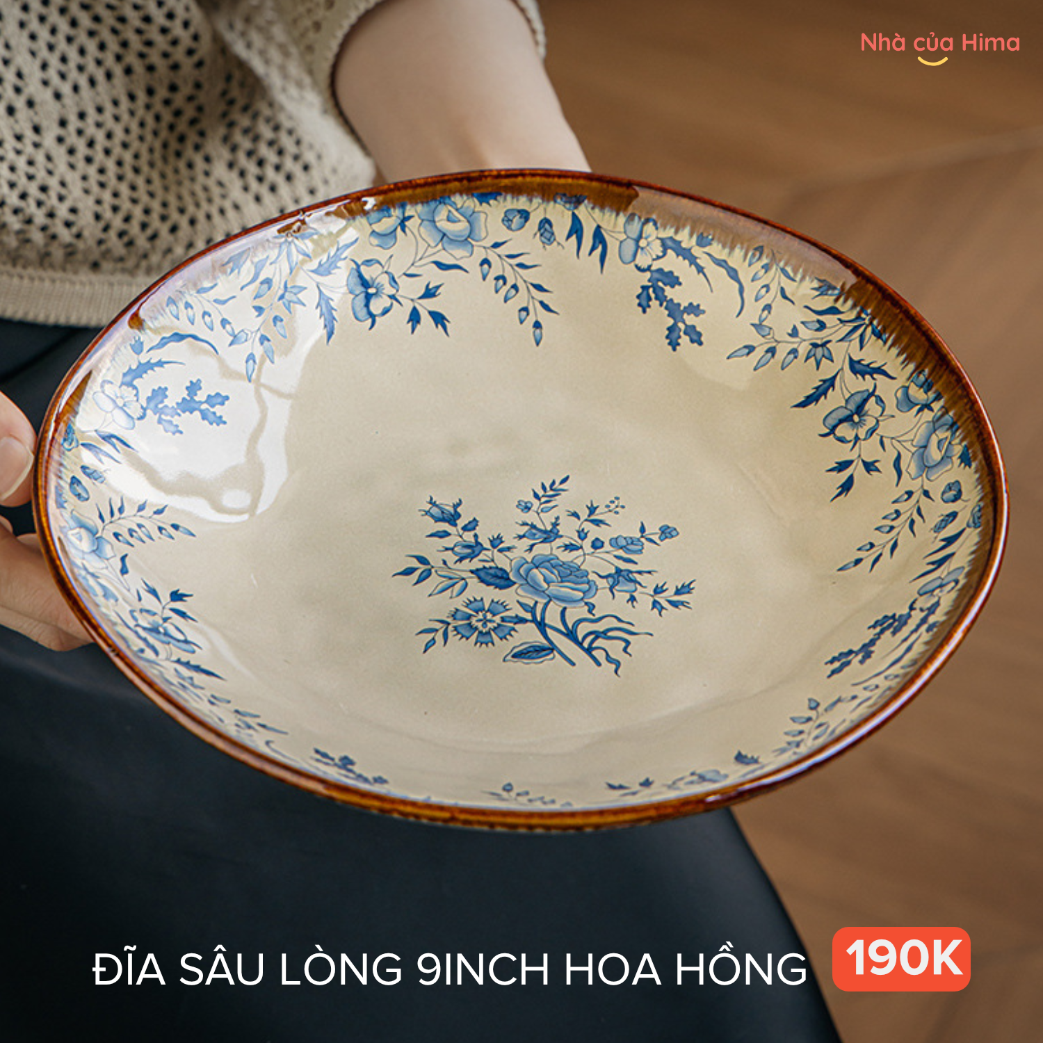 Đĩa tròn sâu 9inch hoa hồng men thanh lam gốm Nhật 23.5cm 05.P37