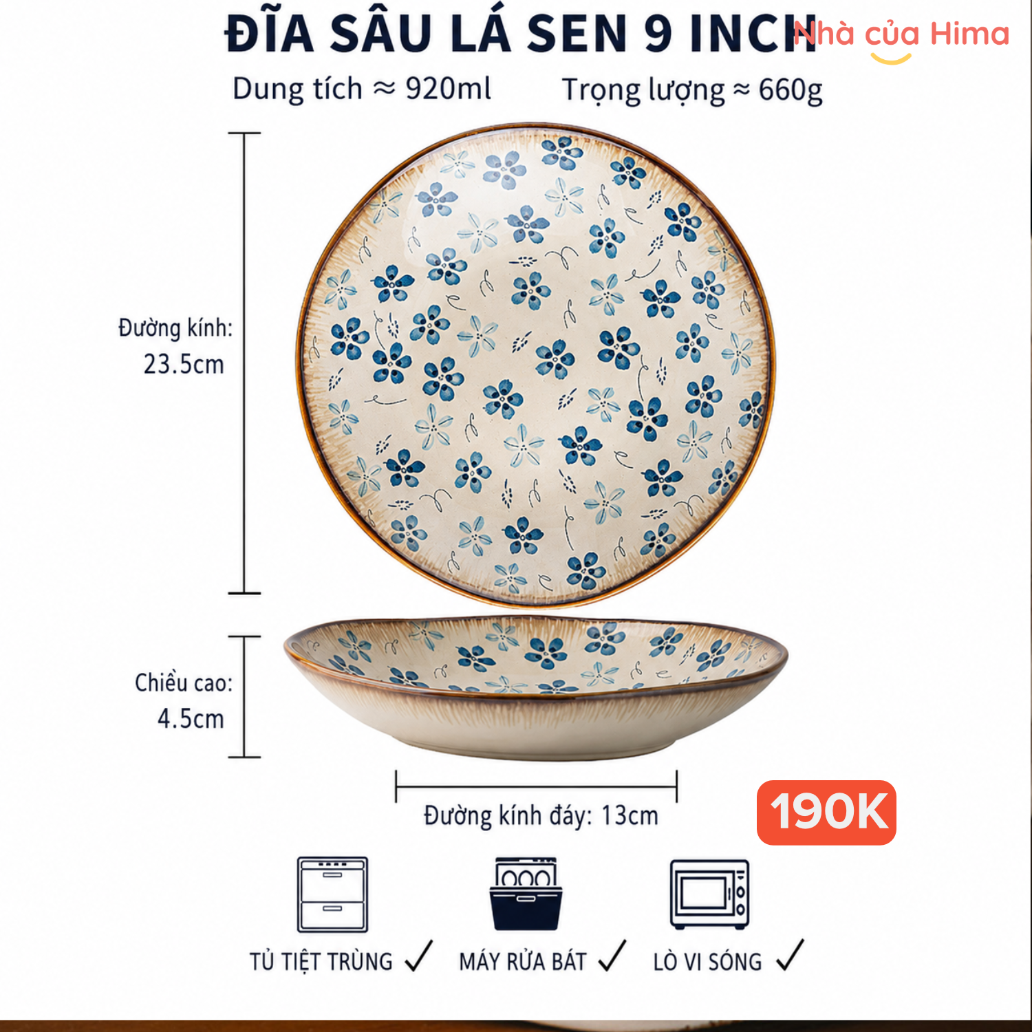 Đĩa tròn sâu 9inch hoa thanh lam gốm Nhật 23.5cm 14.P23