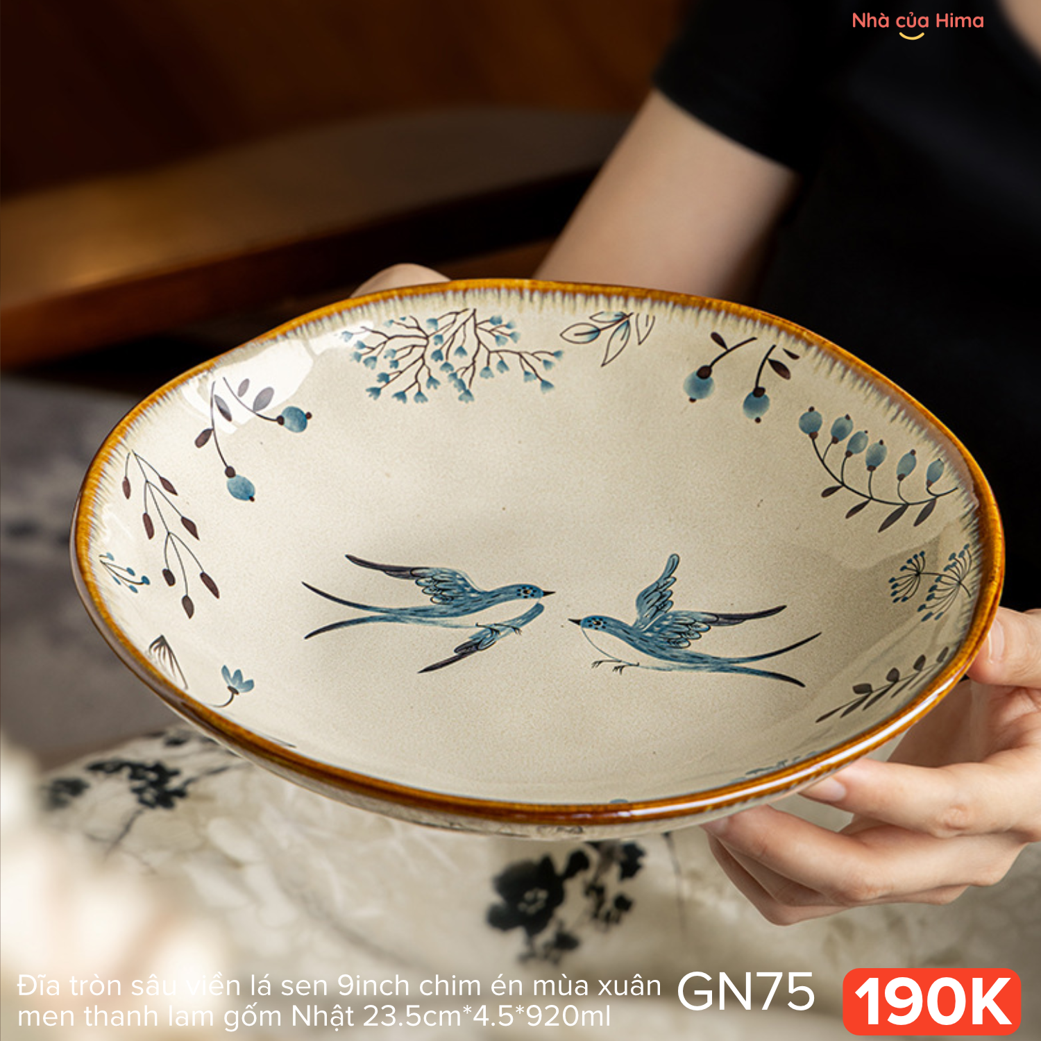 Đĩa tròn sâu viền lá sen 9inch chim én mùa xuân men thanh lam gốm Nhật 23.5cm 07.P53