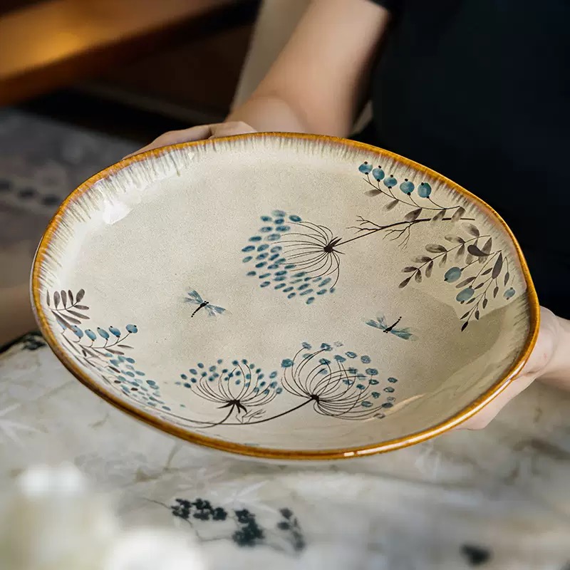 Đĩa tròn sâu viền lá sen9inch hoa bồ công anh men thanh lam gốm Nhật 23.5cm 07.P54