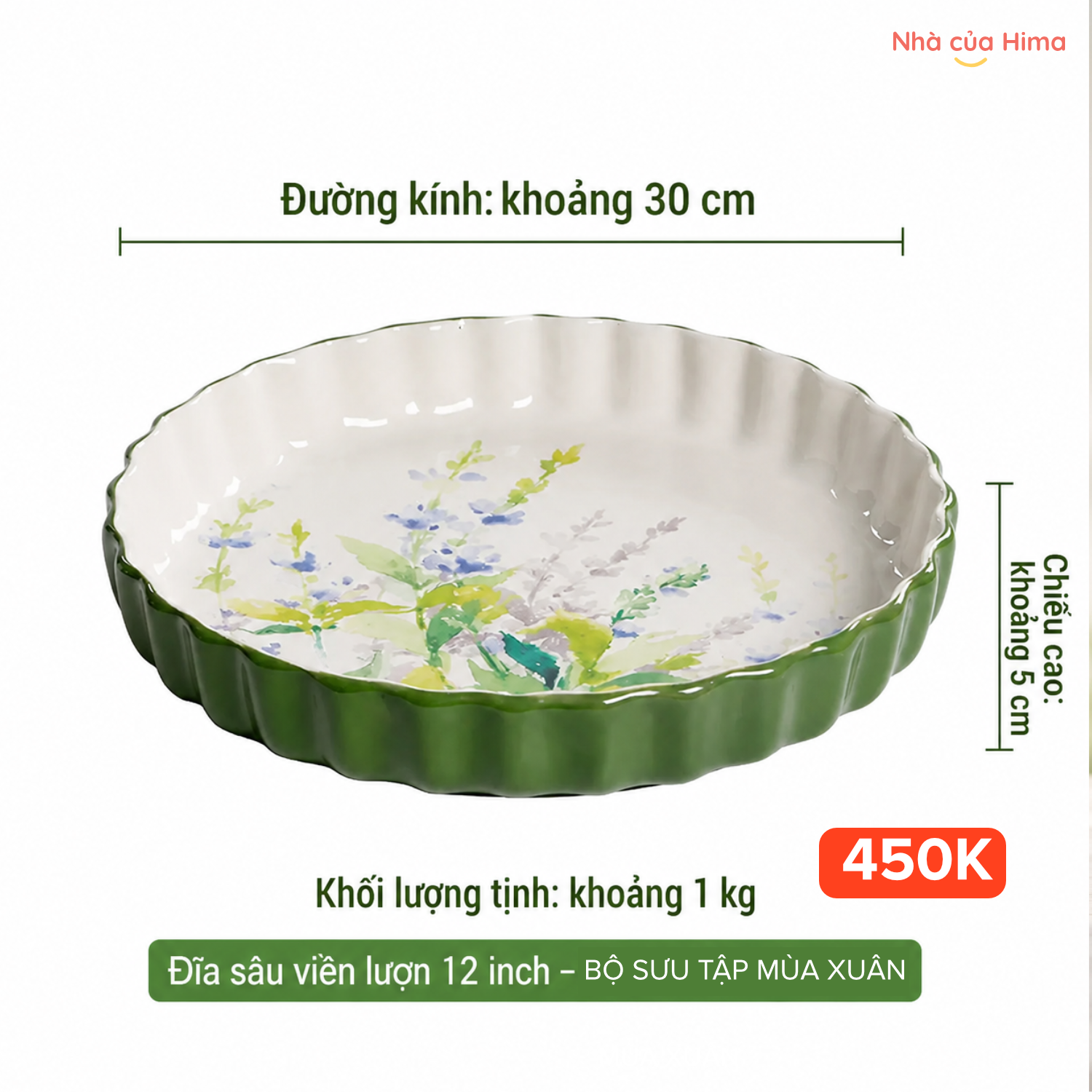 Đĩa viền sâu hoạ tiết mùa xuân sứ cao cấp OMK sz 12inch đk 30cm*5cm