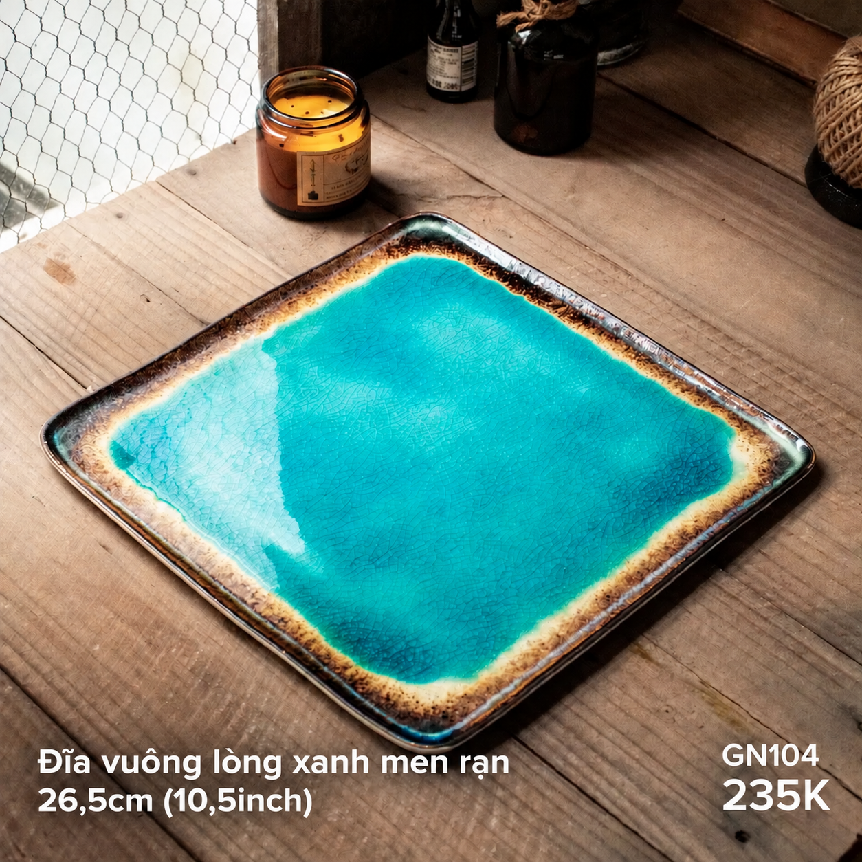 Đĩa vuông 10.5 inch (26,5cm)men rạn lòng xanh ngọc