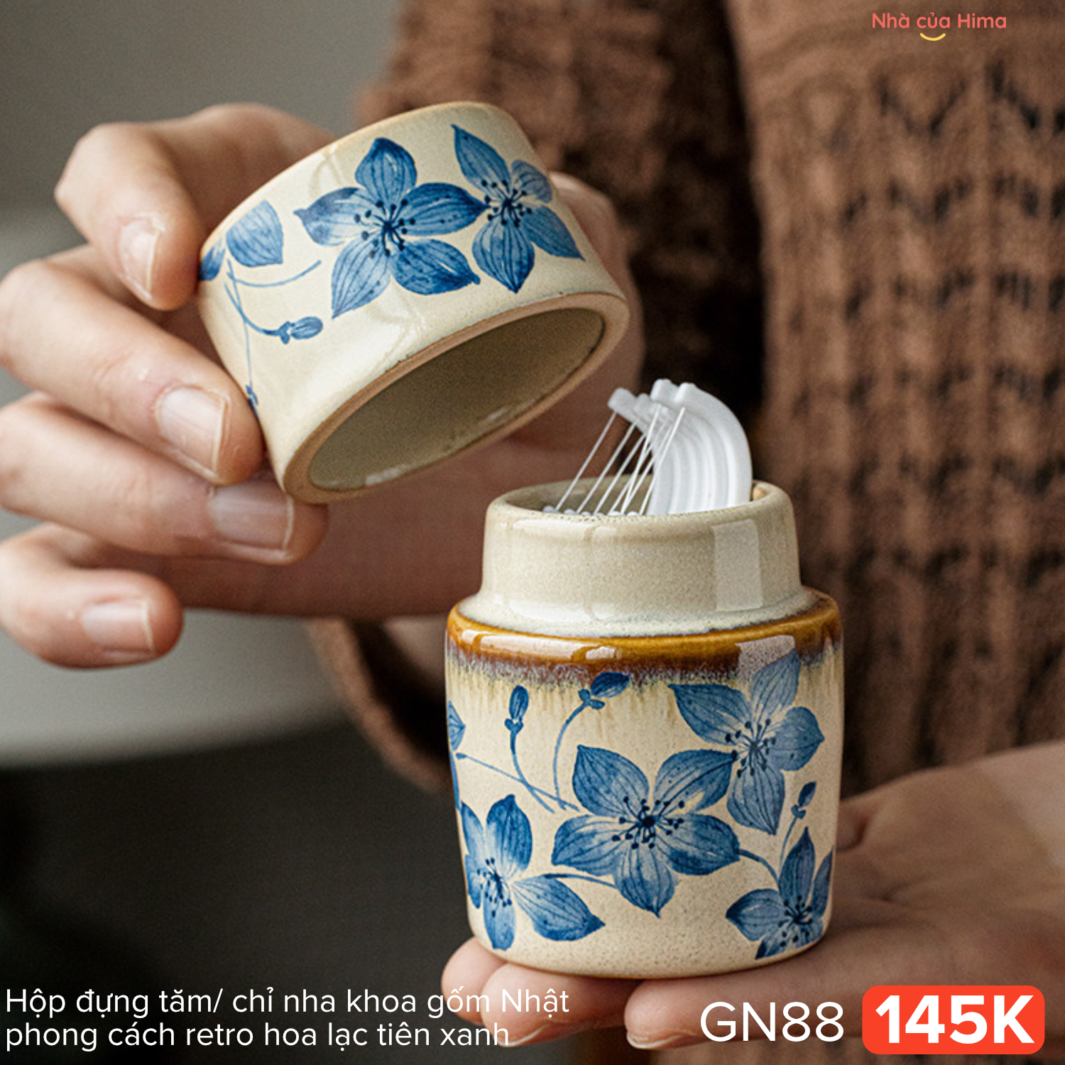 Hộp đựng tăm/ chỉ nha khoa gốm Nhật phong cách retro hoa lạc tiên xanh