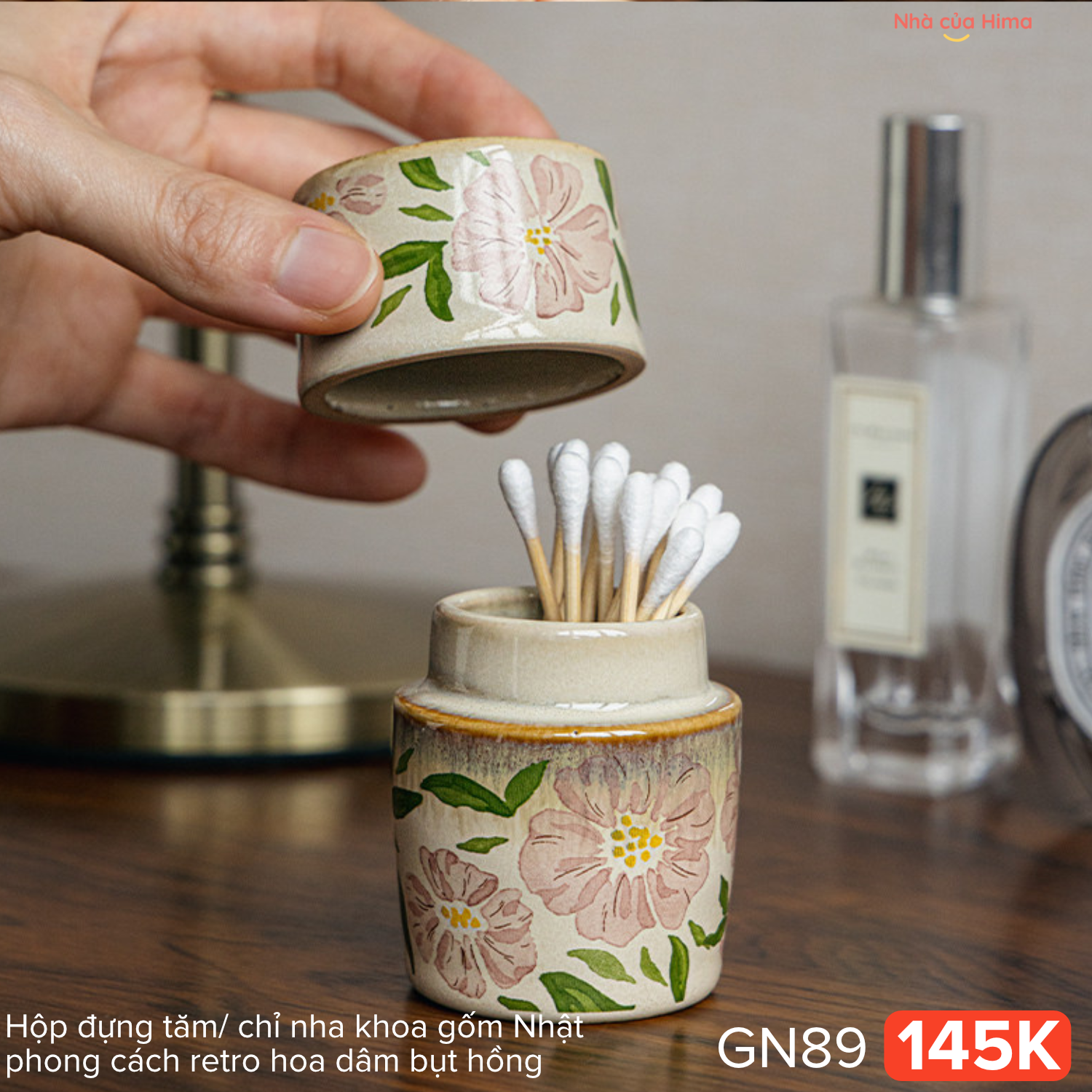 Hộp đựng tăm/ chỉ nha khoa gốm Nhật phong cách retro hoa ldâm bụt hồng