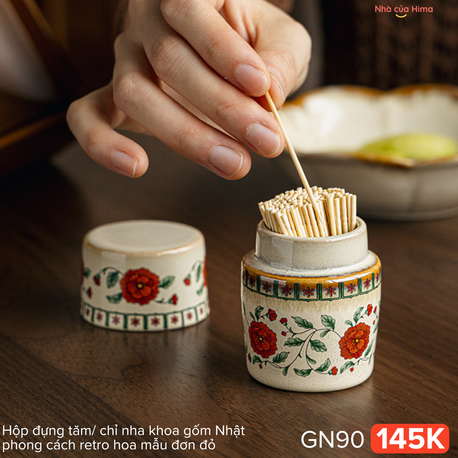 Hộp đựng tăm/ chỉ nha khoa gốm Nhật phong cách retro hoa mẫu đơn đỏ