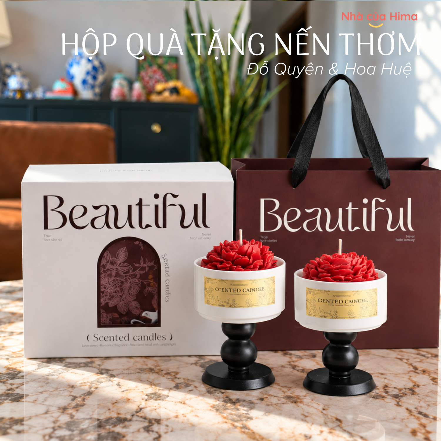 Hộp quà cặp nến thơm kèm cốc và chân đế gỗ nến hoa đỏ hương Đỗ Quyên & Hoa Huệ HQNT9