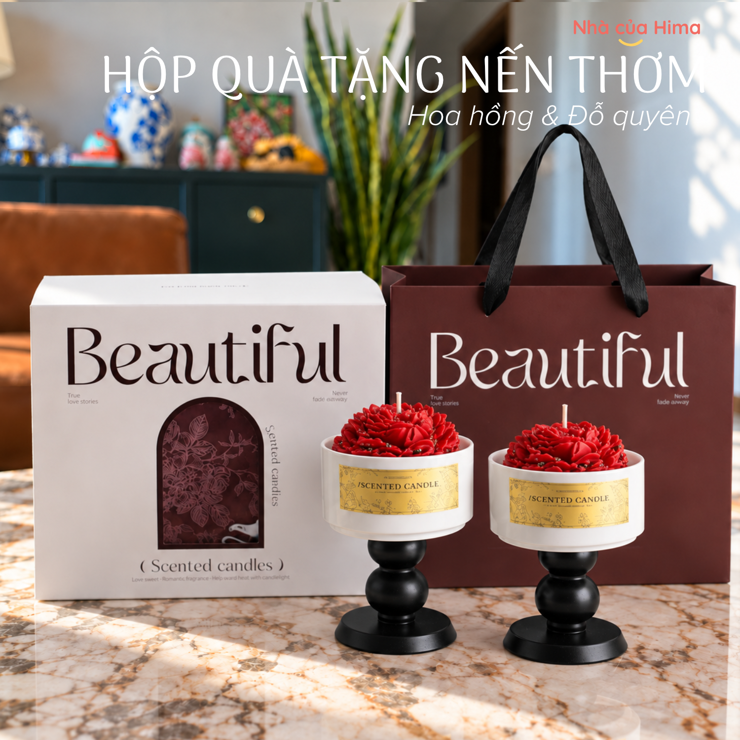 Hộp quà cặp nến thơm kèm cốc và chân đế gỗ nến hoa đỏ hương Hồng & Hoa Oải Hương HQNT7