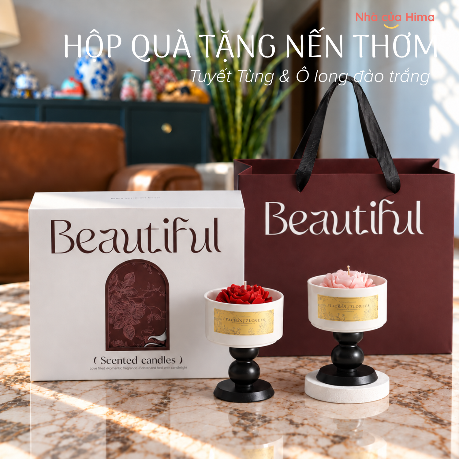 Hộp quà cặp nến thơm kèm cốc và chân đế gỗ nến hoa đỏ hương Tuyết Tùng & Ô long đào trắng HQNT8