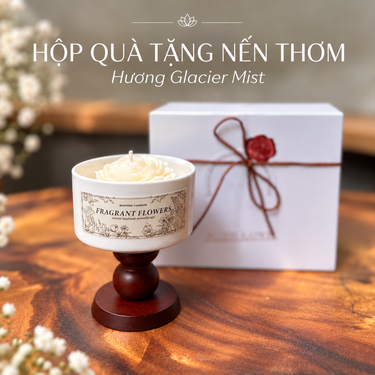 Hộp quà nến thơm kèm cốc và chân đế gỗ hương Glacier Mist HQNT15