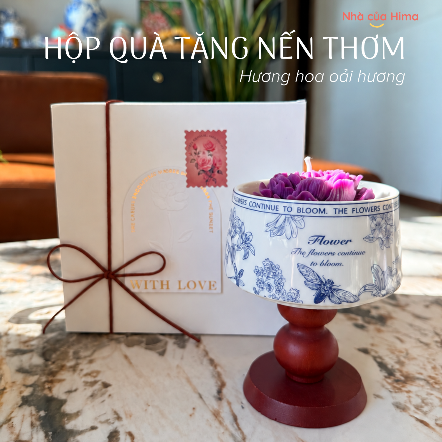 Hộp quà nến thơm kèm cốc và chân đế gỗ hương hoa oải hương HQNT10