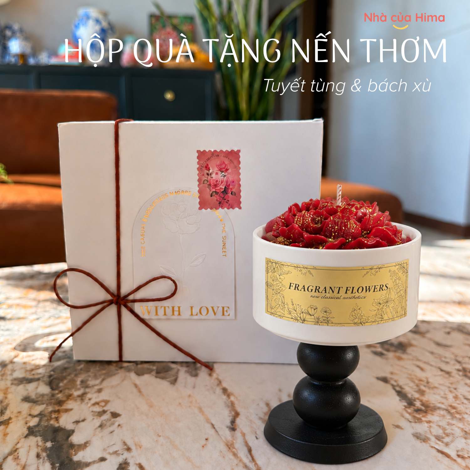 Hộp quà nến thơm kèm cốc và chân đế gỗ nến đỏ mạ vàng hương tuyết tùng & bách xù HQNT2