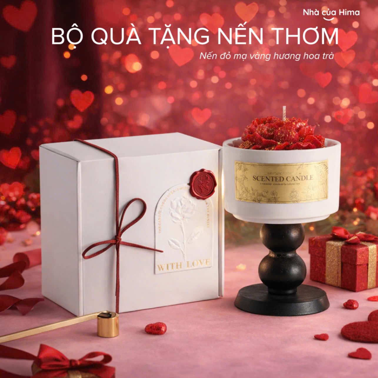 Hộp quà nến thơm kèm cốc và chân đế gỗ nến hoa đỏ hương Trà Trắng HQNT1
