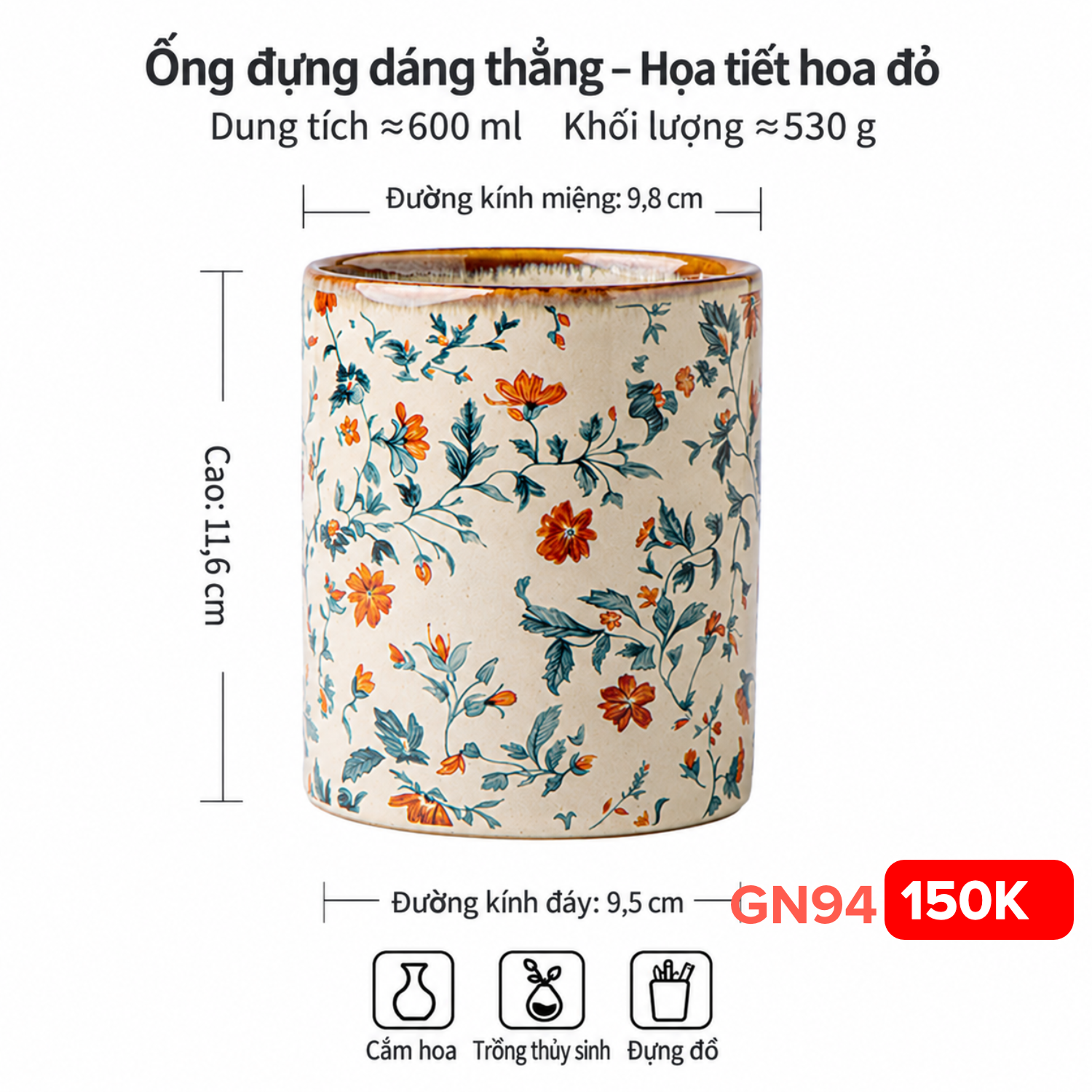 Hũ đựng đũa phong cách Vintage hoạ tiết dây leo gốm Nhật S23