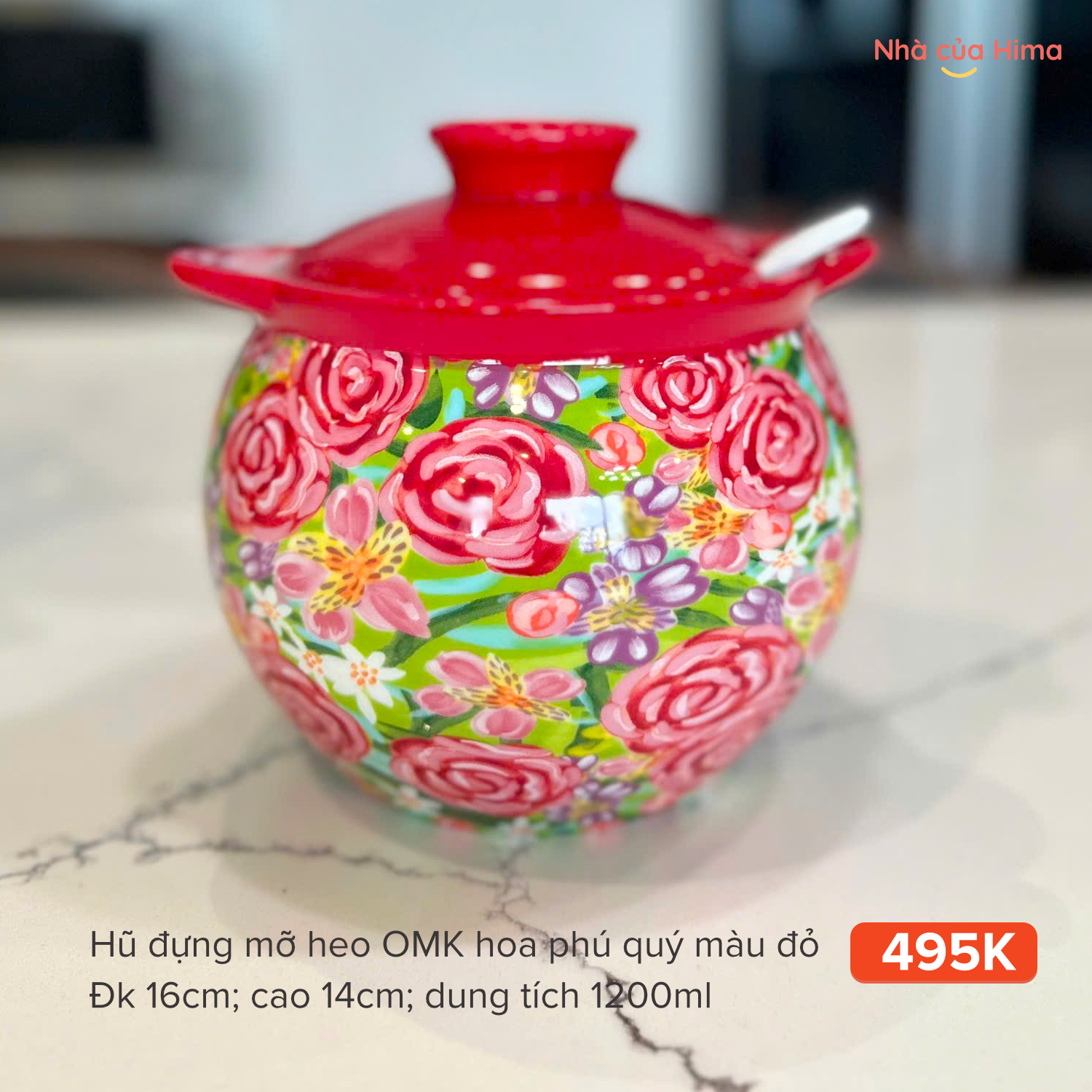 Hũ đựng mỡ heo OMK hoa phú quý màu đỏ 1200ml