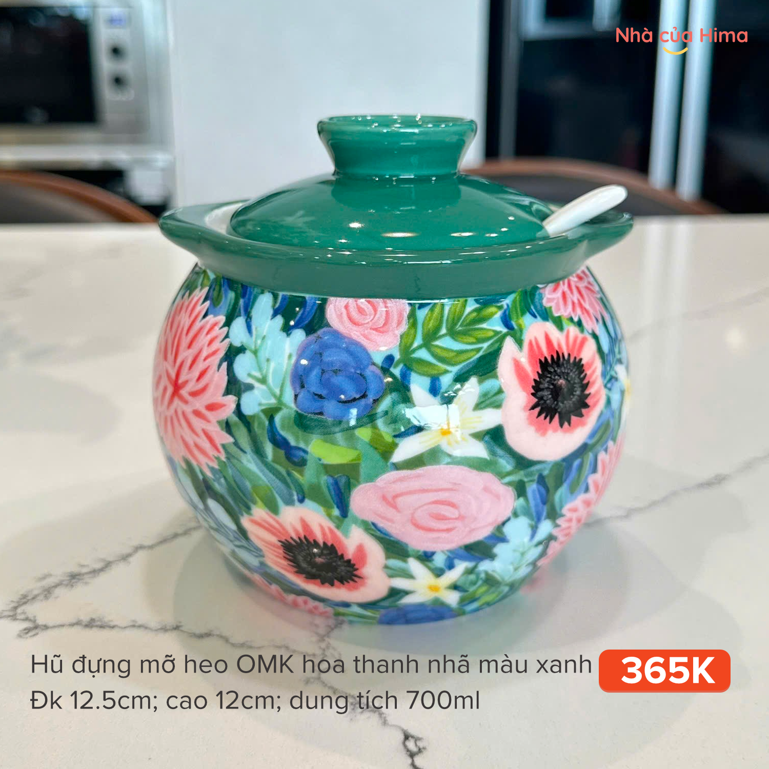Hũ đựng mỡ heo OMK hoa thanh nhã màu xanh 700ml