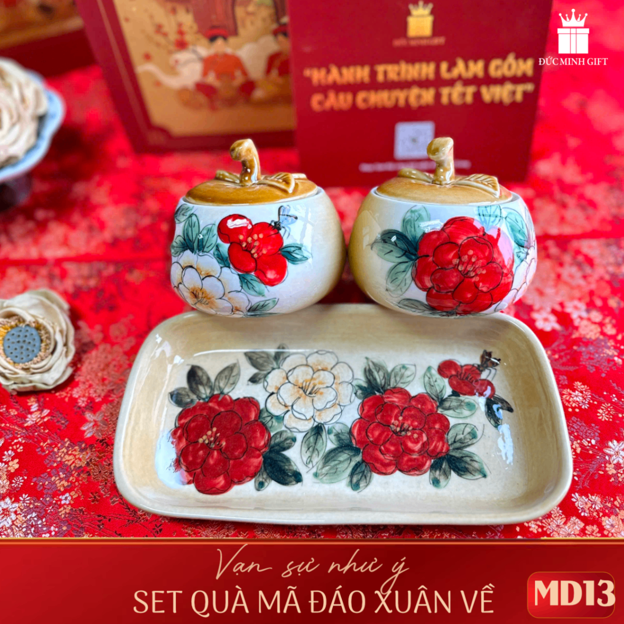 Hũ đựng mứt 300ml quả táo hoa trà kèm đĩa men nâu