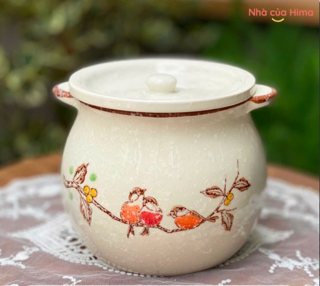 Hũ gốm đựng mỡ hoa và chim 2100ml kèm thìa