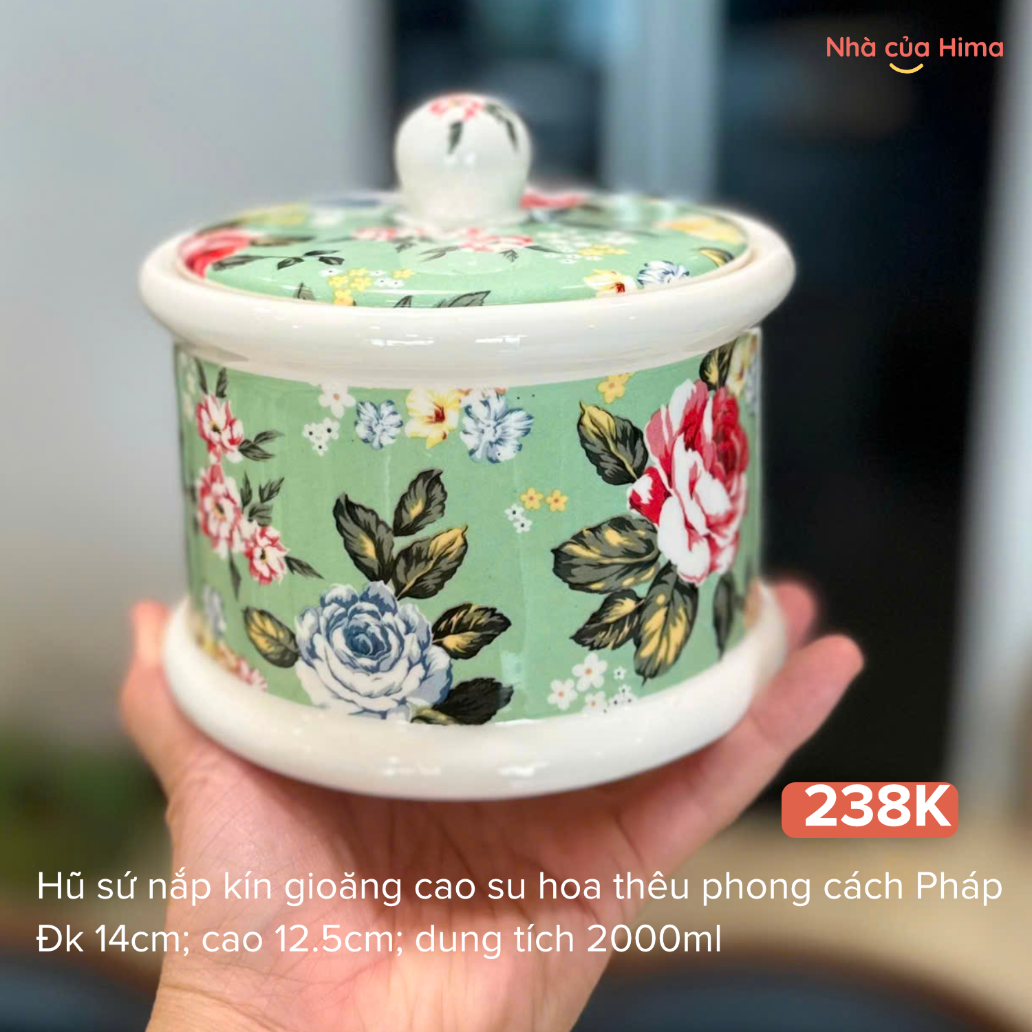 Hũ sứ nắp kín gioăng cao su hoa thêu OMK phong cách Pháp đk 14cm; cao 12.5; dung tích 650ml