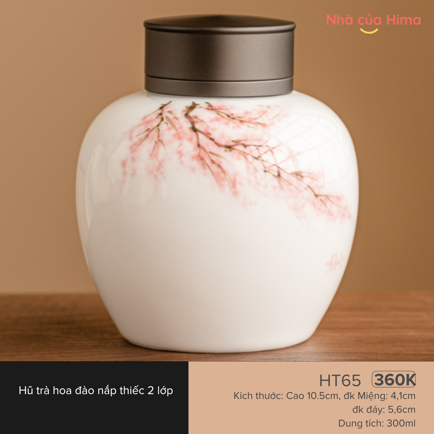 Hũ trà hoa đào nắp thiếc 2 lớp 300ml