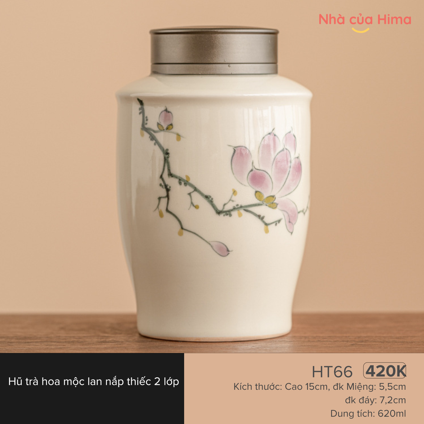 Hũ trà hoa mộc lan nắp thiếc 2 lớp 620ml