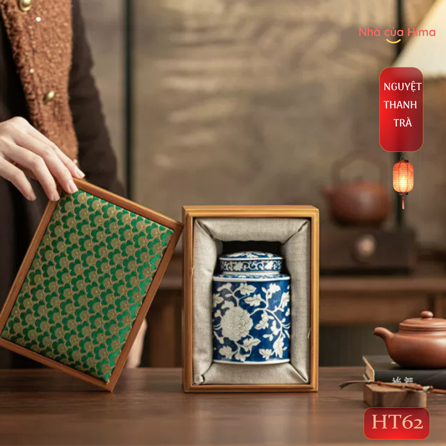 Hũ trà nguyệt thanh trà hoa mẫu đơn xanh kèm hộp đẹp
