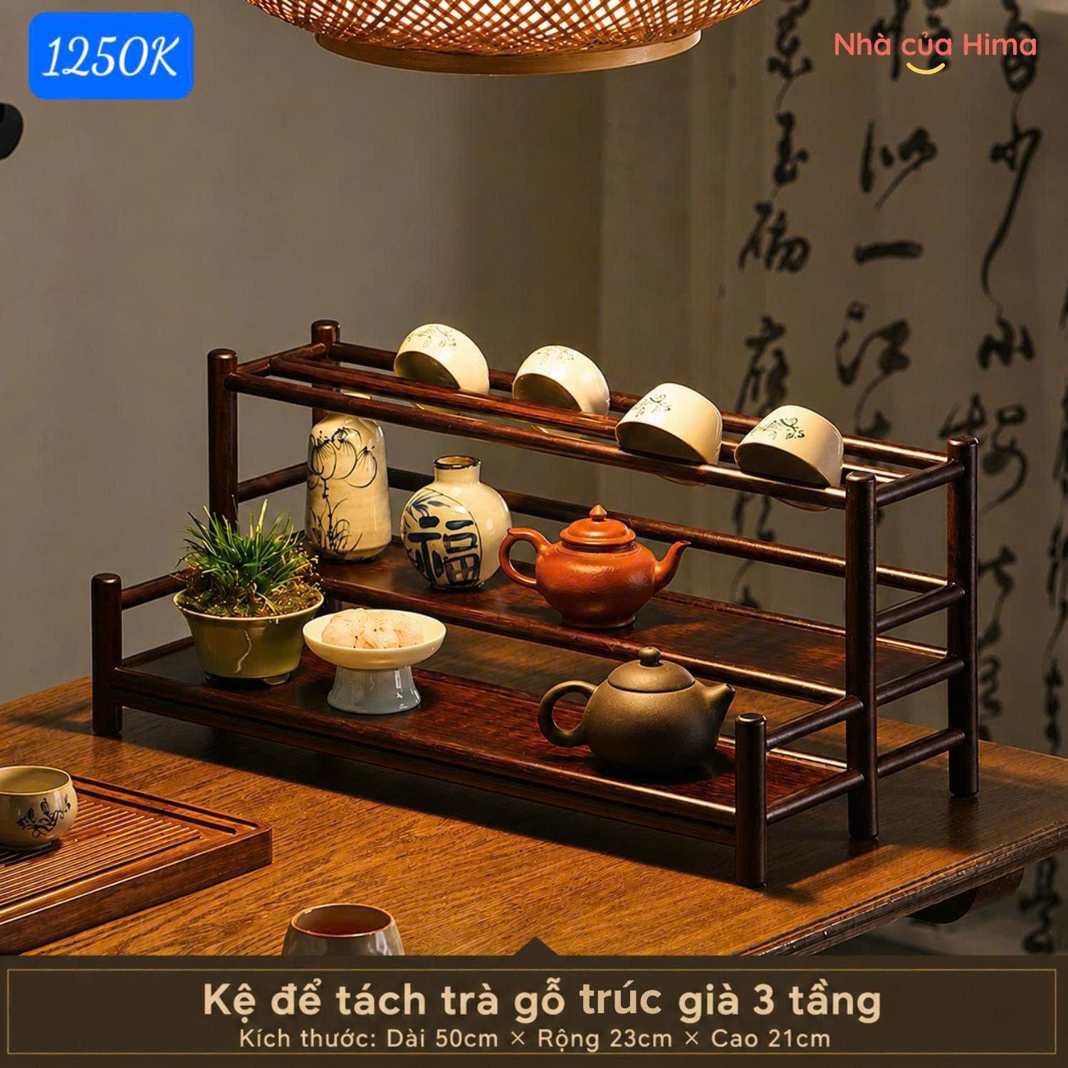 Kệ trang trí bàn trà để tách, ấm gỗ trúc già 3 tầng