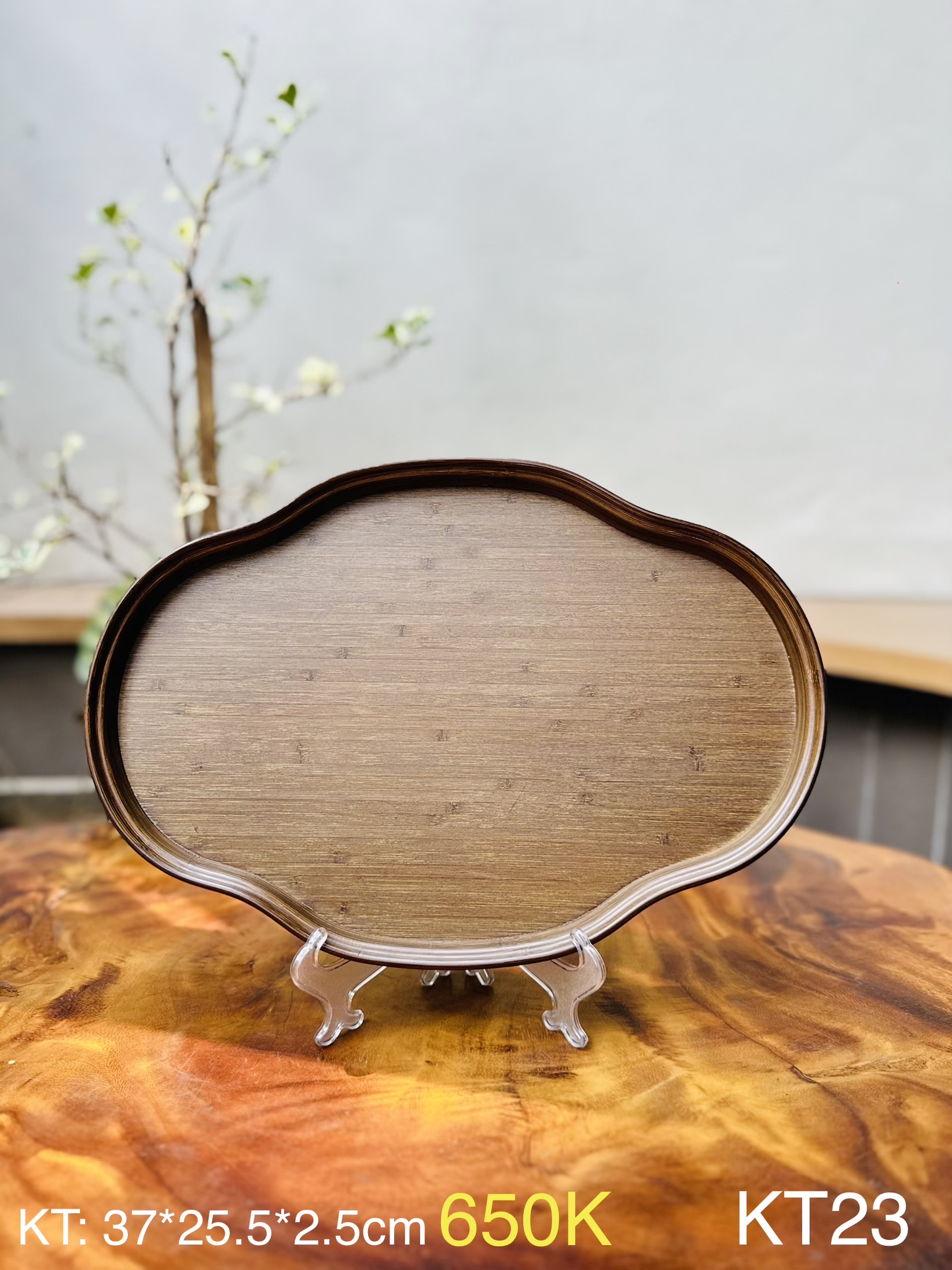 Khay trà hải đường tre già Retro (không vải lót): 37*25.5*2.5cm - KT23