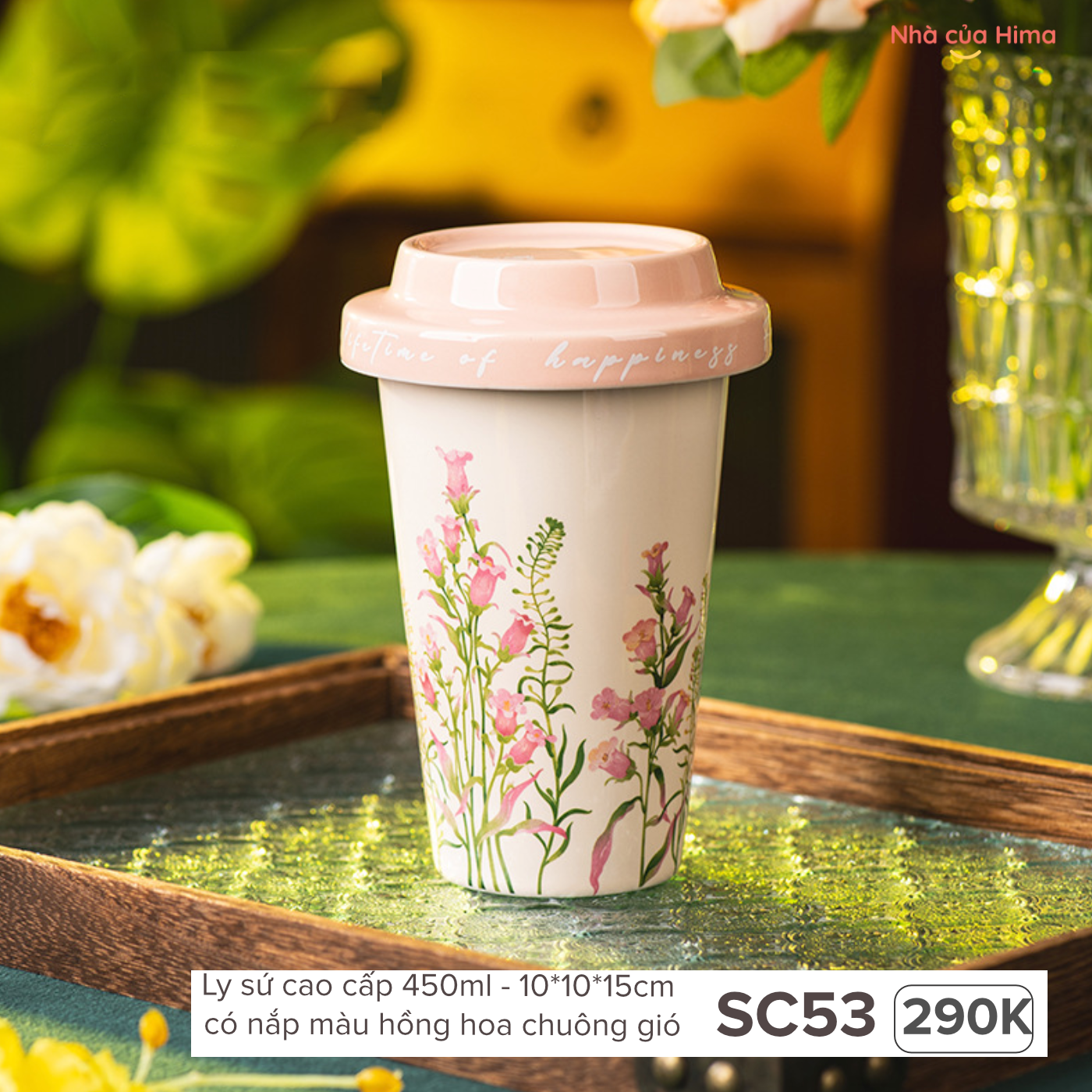 Ly sứ cao cấp 450ml có nắp màu hồng hoa chuông gió SC53