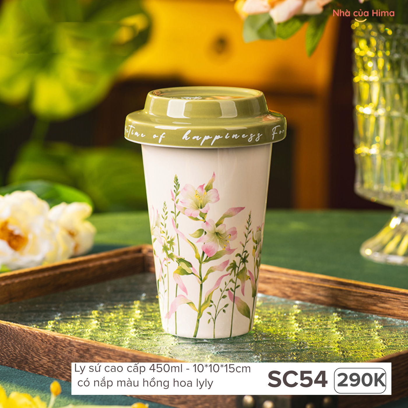 Ly sứ cao cấp 450ml có nắp màu xanh lá hoa ly ly SC54