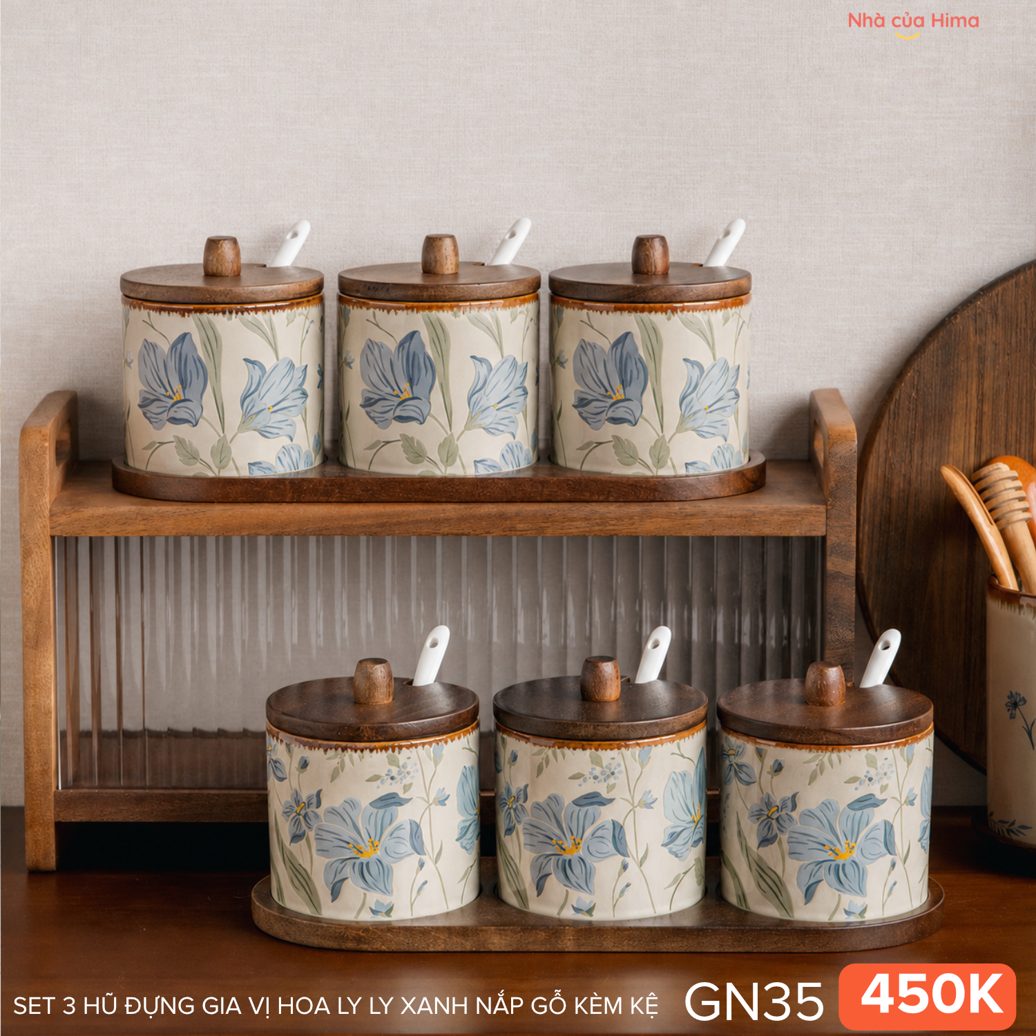 Set 3 hũ đựng gia vị kèm thìa và khay gỗ Vintage hoạ tiết hoa ly ly xanh