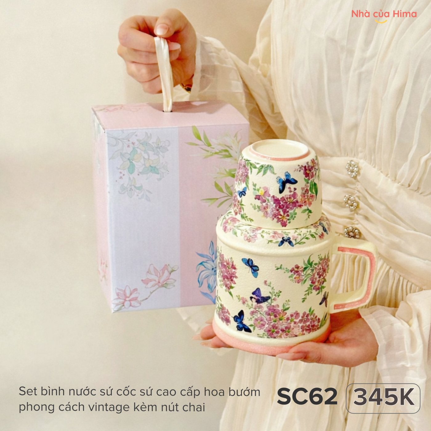 Set bình nước sứ cốc sứ cao cấp hoa bướm phong cách vintage kèm nút chai SC62