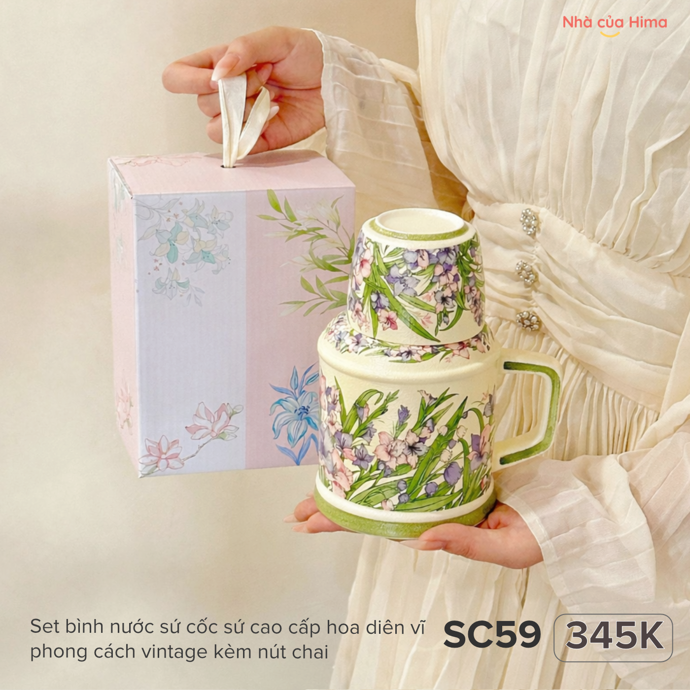 Set bình nước sứ cốc sứ cao cấp hoa diên vĩ phong cách vintage kèm nút chai SC59