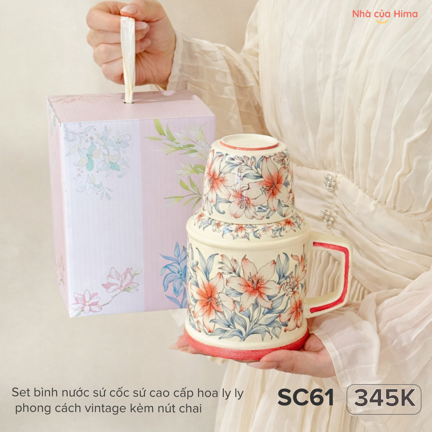 Set bình nước sứ cốc sứ cao cấp hoa ly ly phong cách vintage kèm nút chai SC61