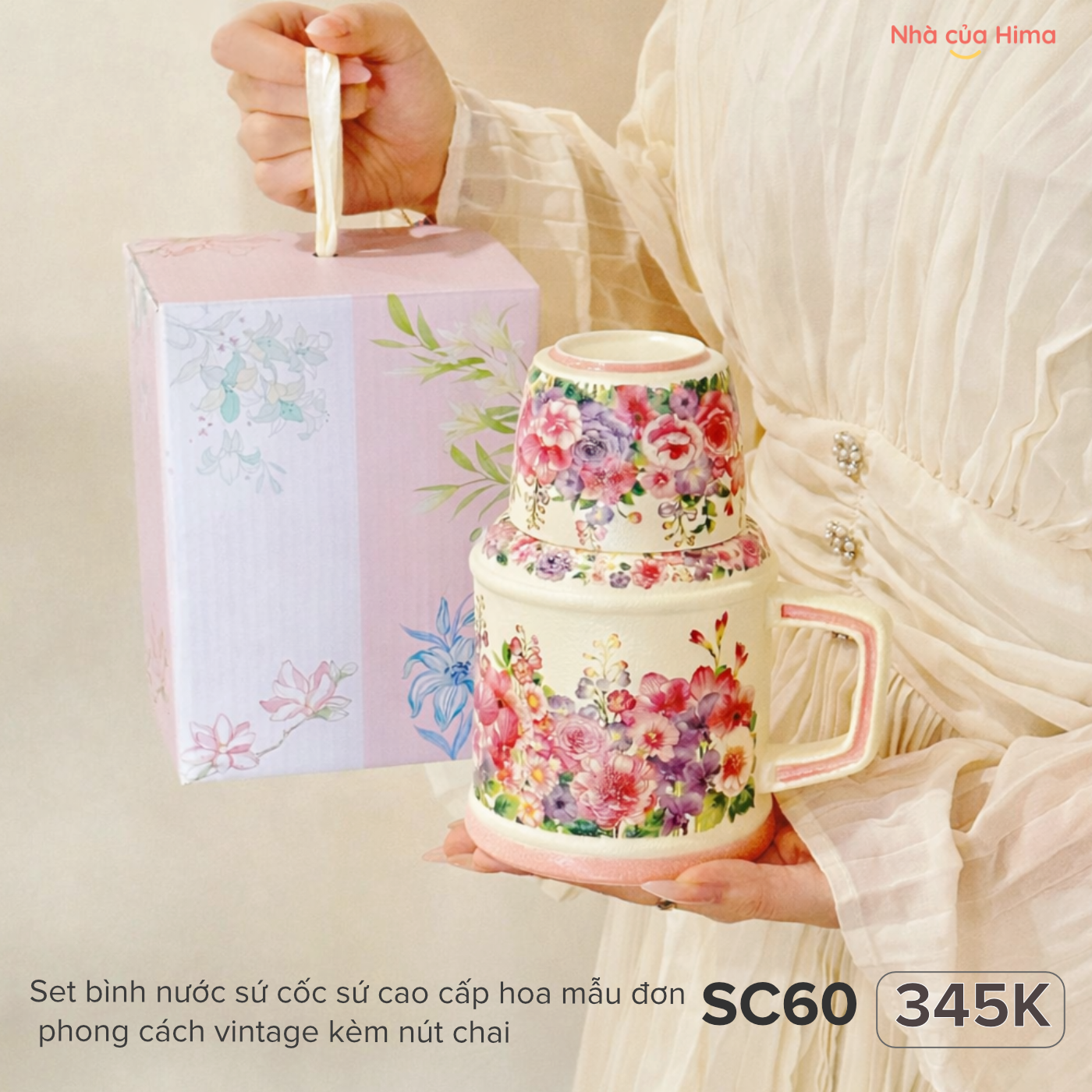 Set bình nước sứ cốc sứ cao cấp hoa mẫu đơn phong cách vintage kèm nút chai SC60