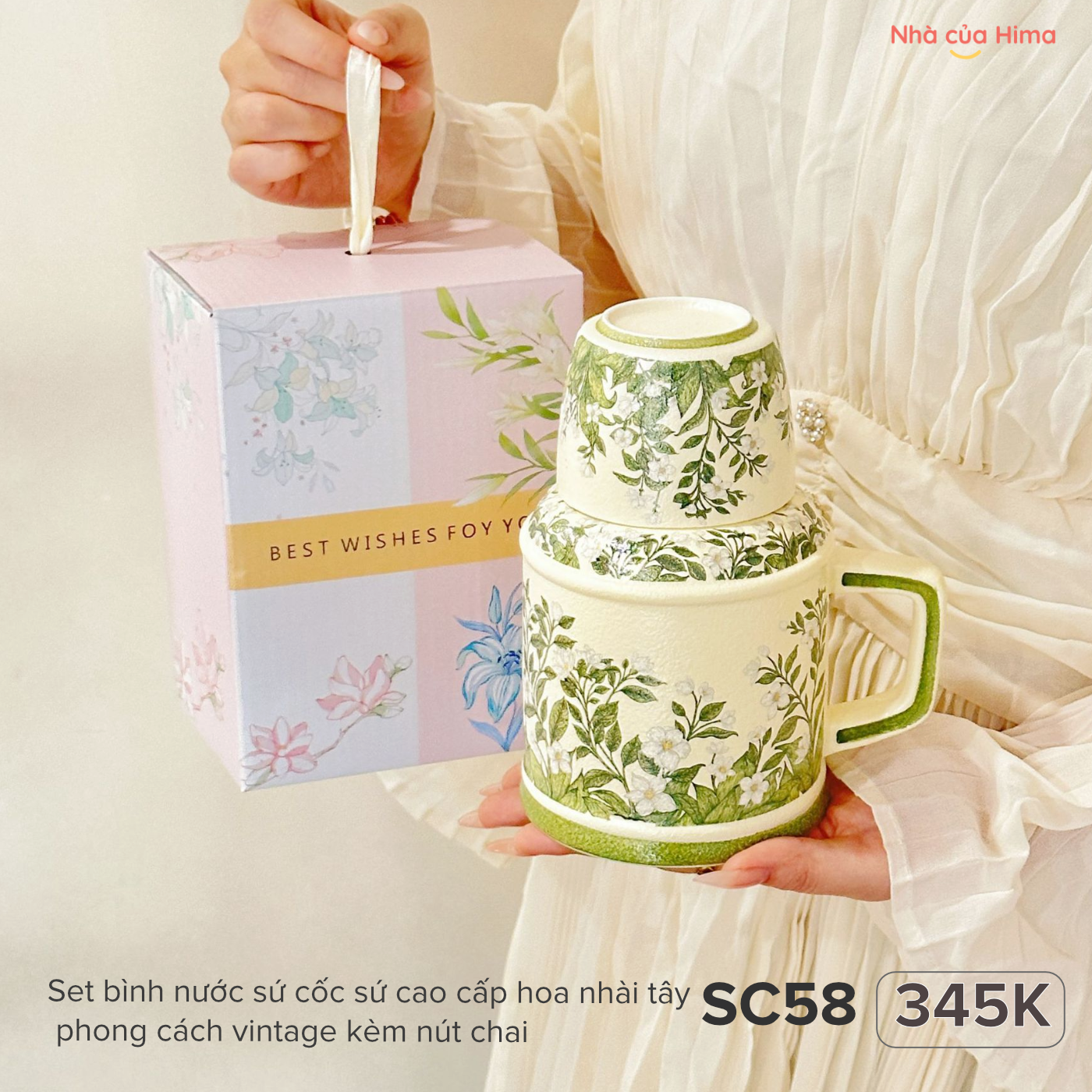 Set bình nước sứ cốc sứ cao cấp hoa nhài tây phong cách vintage kèm nút chai SC58