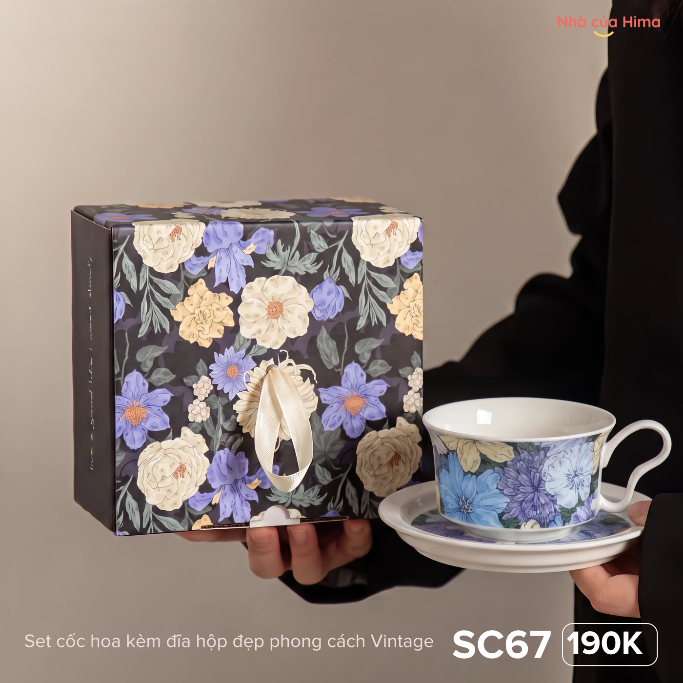 Set cốc hoa kèm đĩa hộp đẹp phong cách Vintage SC67
