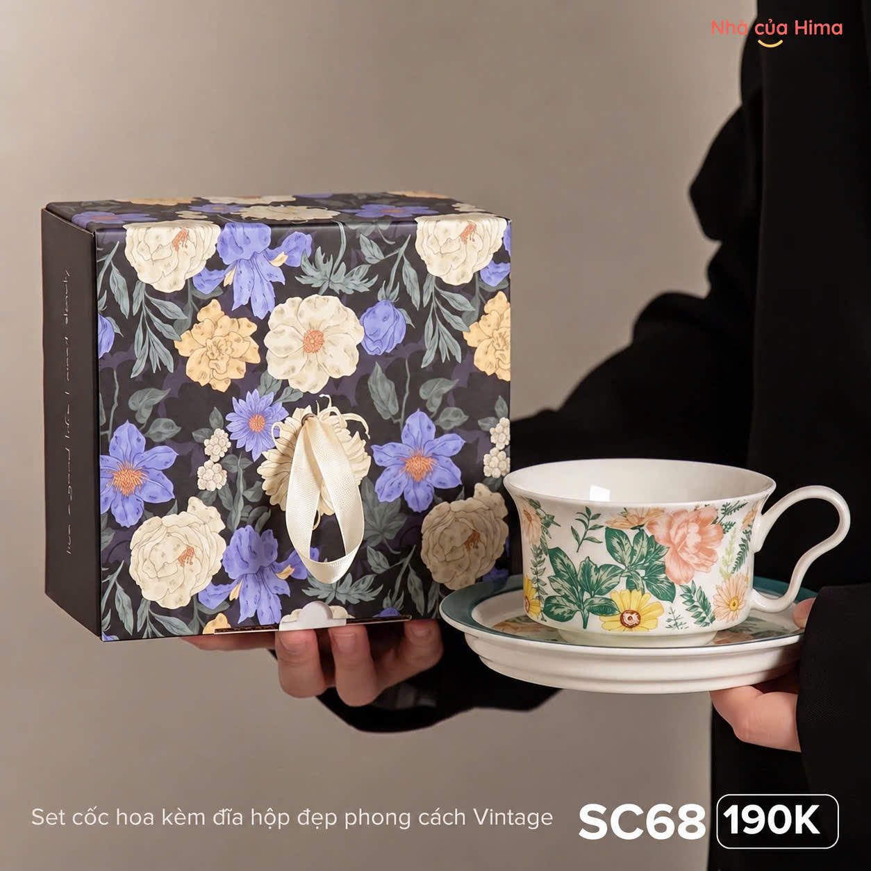 Set cốc hoa kèm đĩa hộp đẹp phong cách Vintage SC68
