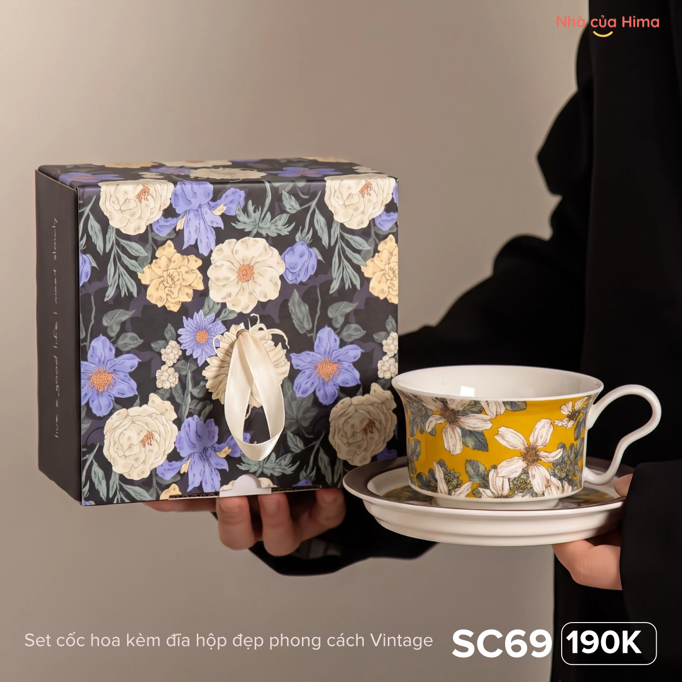 Set cốc hoa kèm đĩa hộp đẹp phong cách Vintage SC69