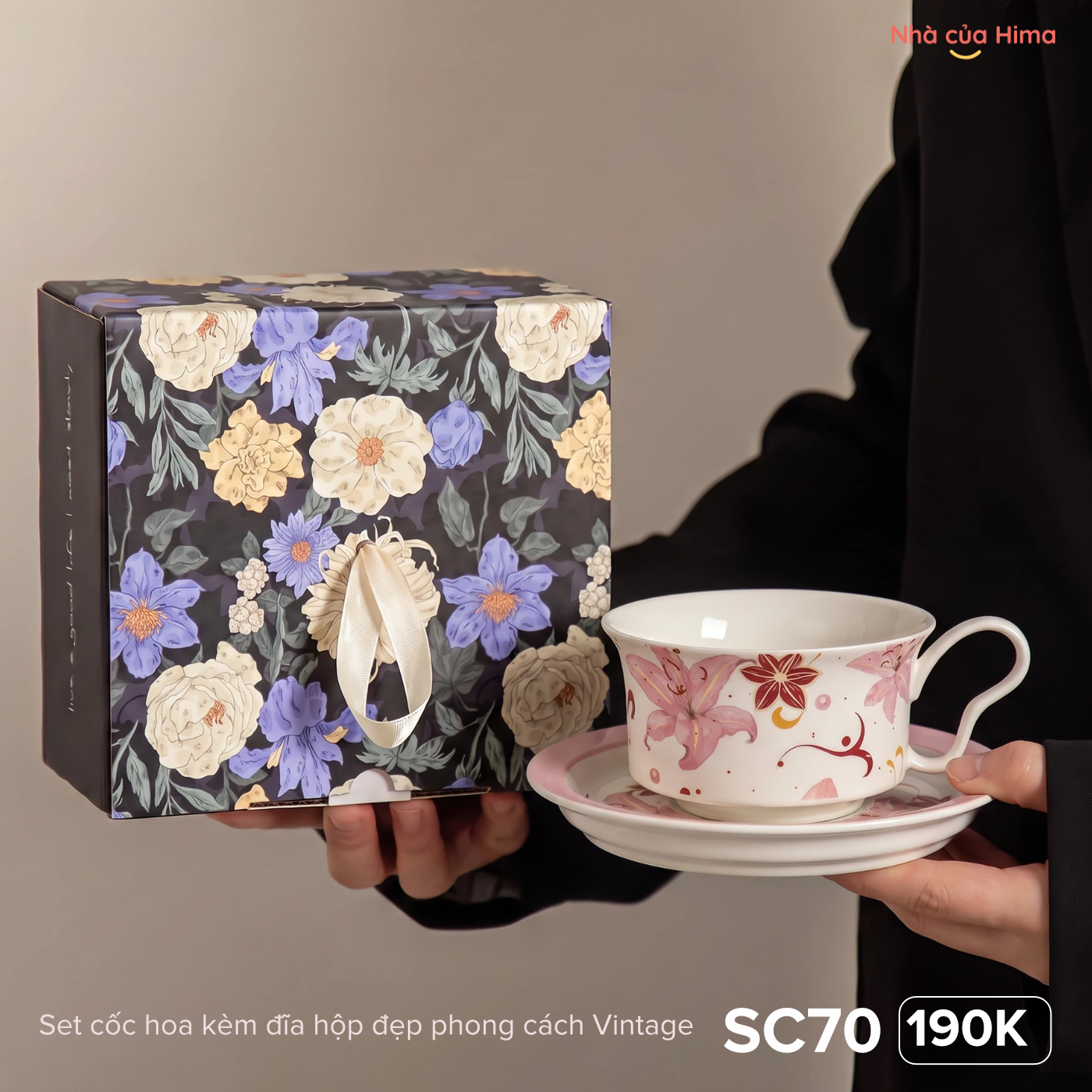 Set cốc hoa kèm đĩa hộp đẹp phong cách Vintage SC70