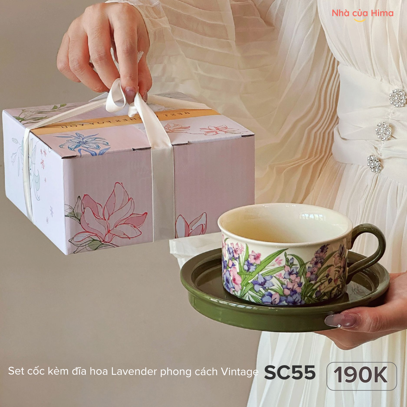 Set cốc kèm đĩa hoa Lavender phong cách Vintage