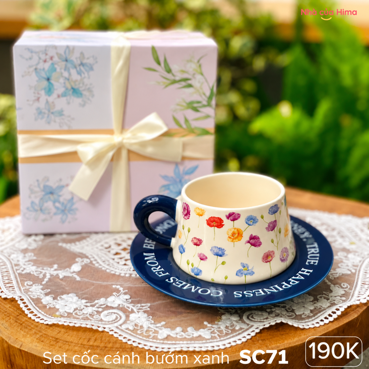 Set cốc thắt nơ hoa dại mùa xuân màu xanh tím SC71