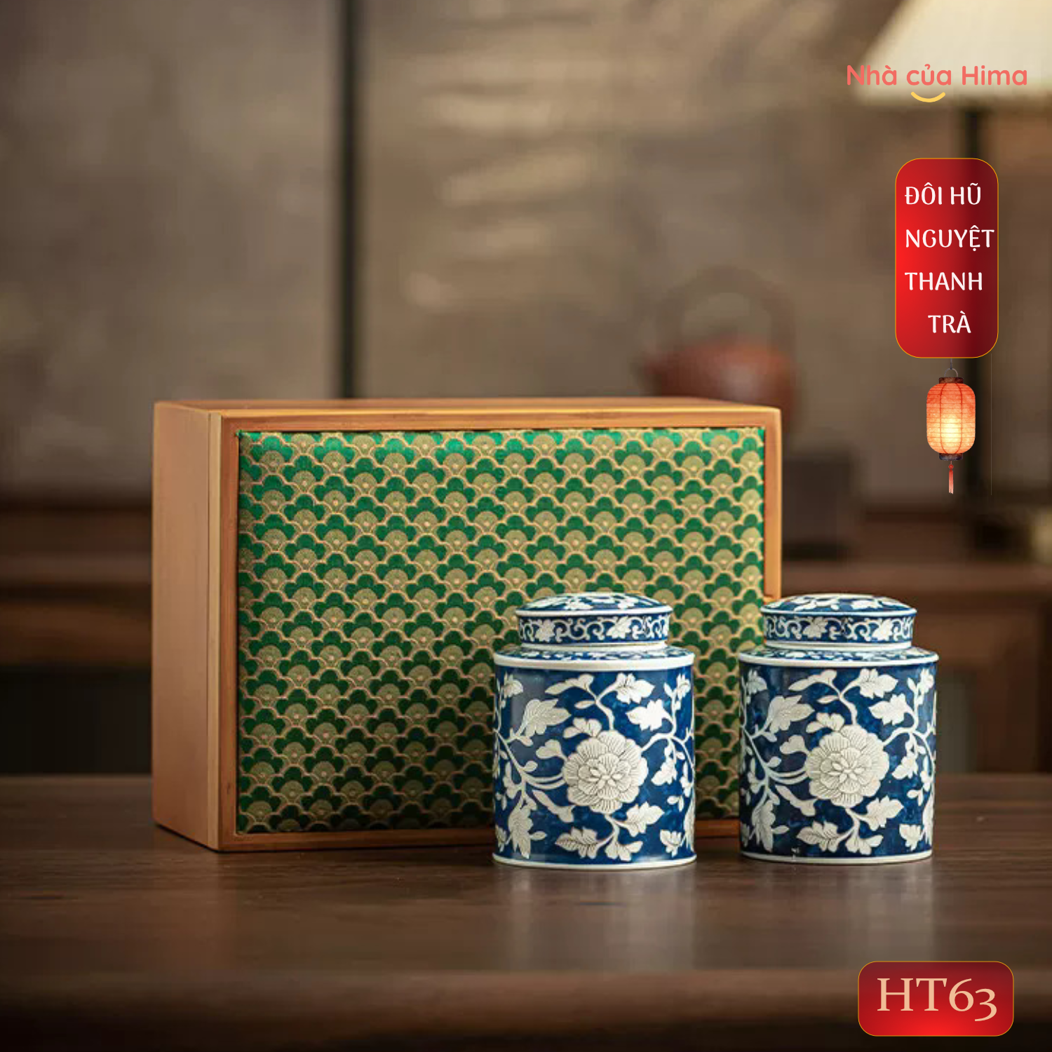 Set đôi hũ trà Nguyệt thanh trà hoa mẫu đơn xanh kèm hộp quà tặng đẹp